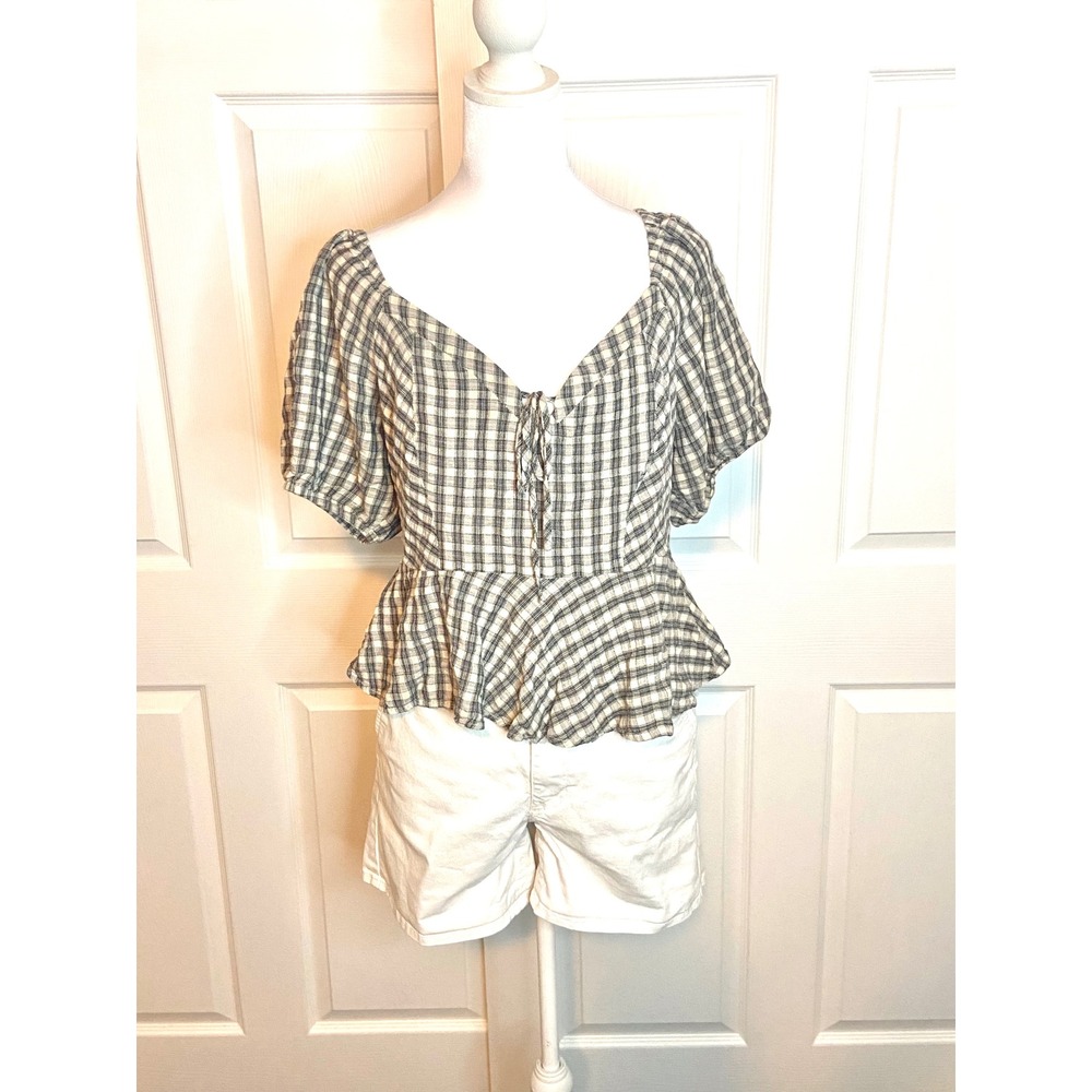 BP Gingham Puff Sleeve Folk Cottagecore Peplum Top
